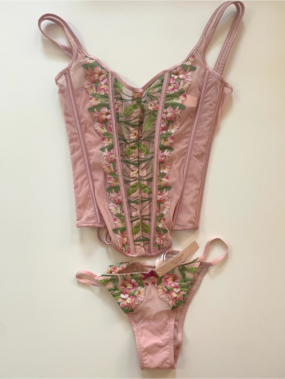 VS Lily Floral Embroidered Pink XS Corset Set - Small Panties